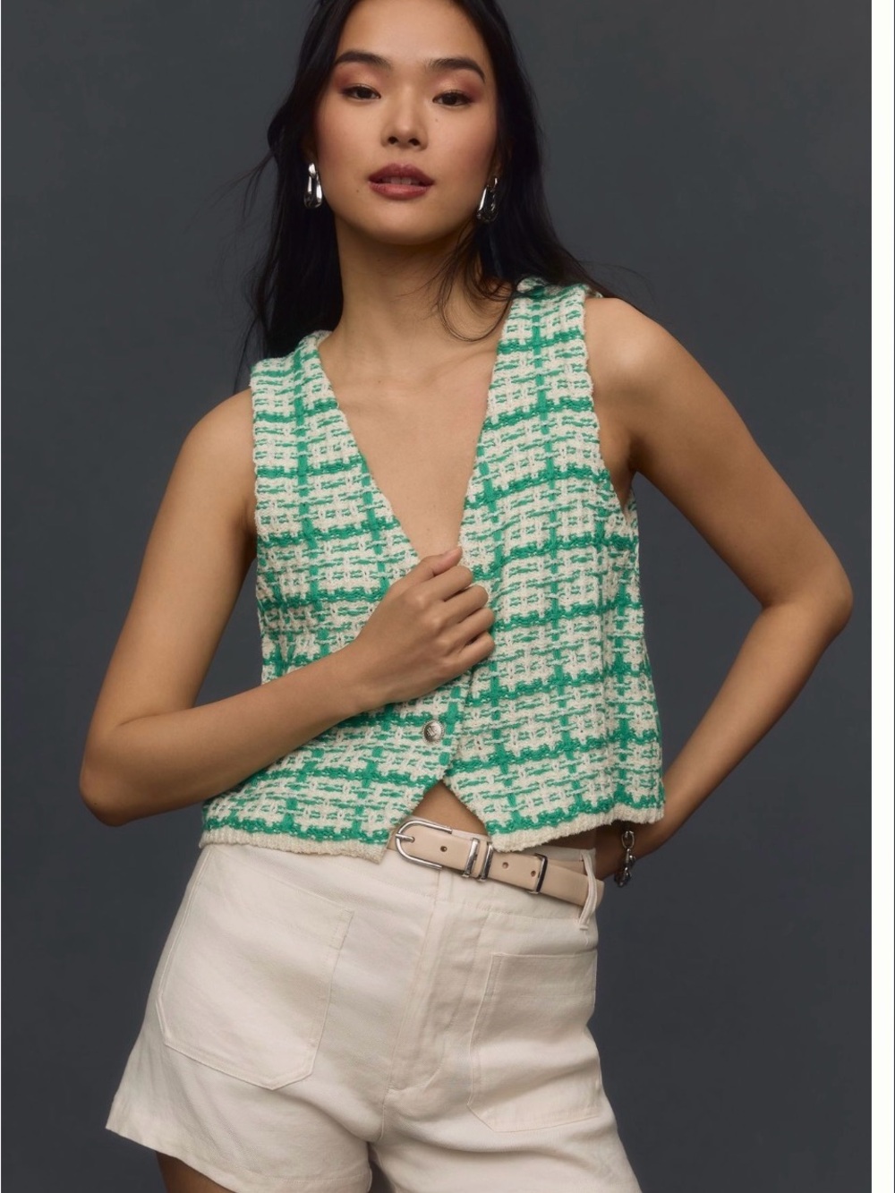 Anthropologie Green and Cream Tweed Button-Front Crop Vest